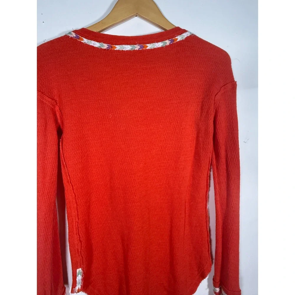 Free People We The Free Orange Red Thermal Henley Embroidered Trim Top XS
